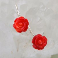 Сребърни обeци c червен корал с форма на роза, снимка 3 - Обеци - 38881490