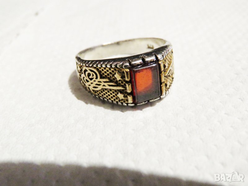 стар мъжки сребърен пръстен с червен камък и тугра, турски пръстен, снимка 1