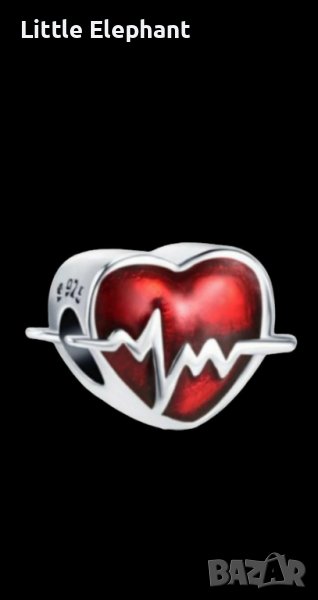 Сребърен елемент червено сърце,Пандора"Heart beat,pulse of heart"/нов, снимка 1