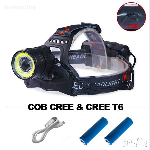 Мощен акумулаторен лед челник фенер за глава зареждащ USB риболов лов, снимка 1