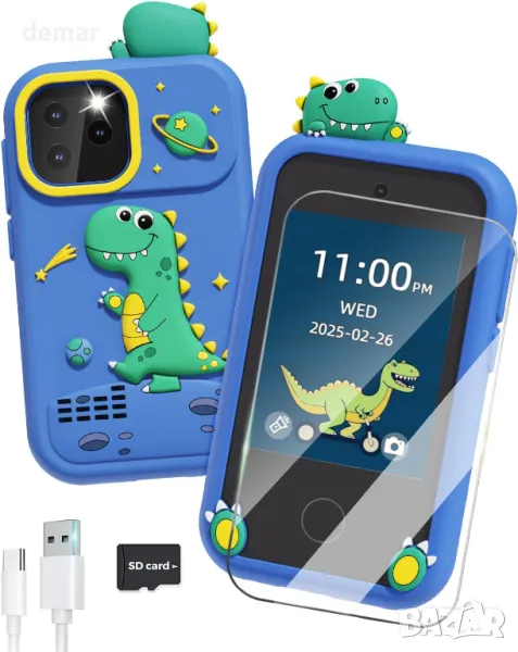 Детска играчка смарт телефон, 2,8" сензорен екран, двойна камера, игри, музика, 8GВ SD карта, синьо, снимка 1