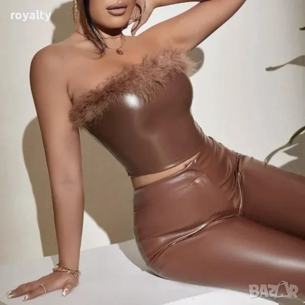 Дамско кожено кафяво бюстие с пух, снимка 1