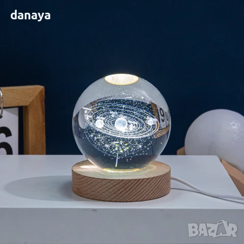 5952 Кристална стъклена нощна лампа с 3D холограмно изображение на Слънчевата система 3D Solar Syste, снимка 3 - Настолни лампи - 50779511