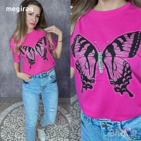 Памучна Тениска Butterfly с камъни, снимка 1 - Тениски - 44019807