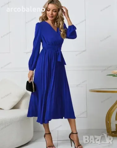 Дамска рокля с дълъг ръкав с тънък плисиран колан с V-образно деколте и пола с A-силует, 4цвята , снимка 6 - Рокли - 39147866