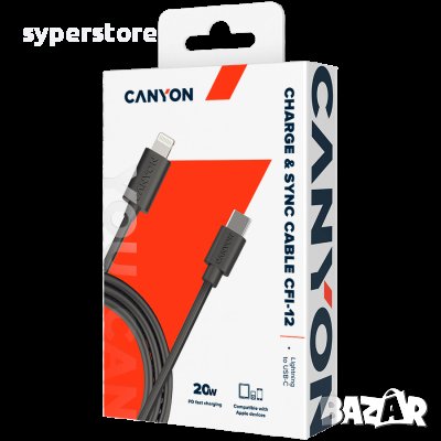 Зареждащ кабел CANYON СFI-12, cable Type C to lightning, 2М, Черен SS30241, снимка 2 - USB кабели - 40063169