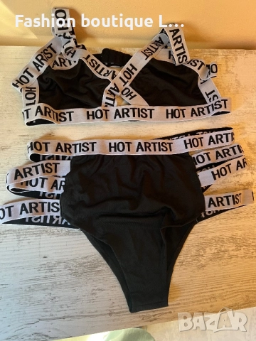 Нов комплект с черен цвят с бели еластични ленти с надпис hot artist 🖤🩶🤍🖤🩶🤍, снимка 2 - Бельо - 52236283
