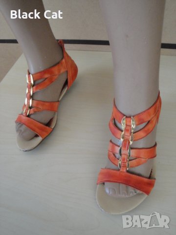 Оранжеви кожени дамски сандали със "златни" елементи, летни обувки, чехли, естествена кожа, снимка 4 - Сандали - 28419497