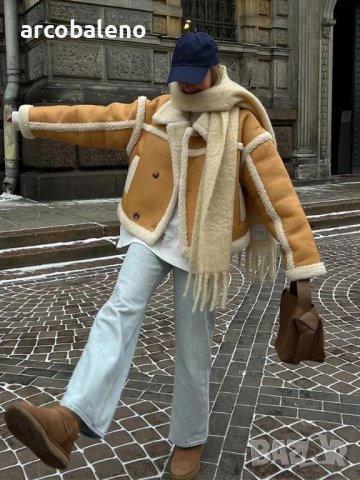 Дамско топло свободно яке от изкуствена кожа и изкуствена агнешка вълна, 2цвята, снимка 3 - Якета - 43528357