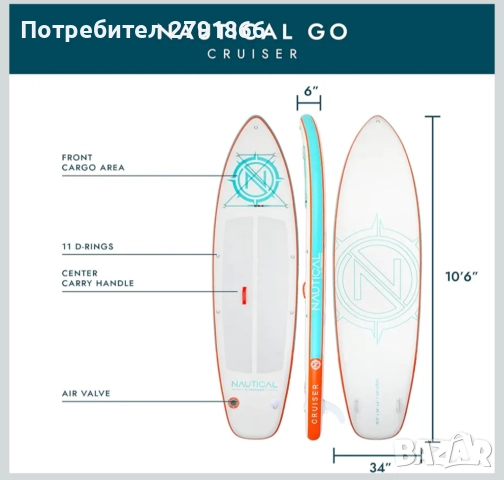 Надуваема дъска за гребане Падълборд iROCKER Nautical GO Cruiser,превъзходна маневреност 3м нов, снимка 7 - Водни спортове - 52407573