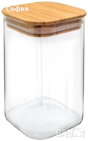 Квадратен стъклен буркан с дървена капачка, различни размери, снимка 4 - Аксесоари за кухня - 43424939