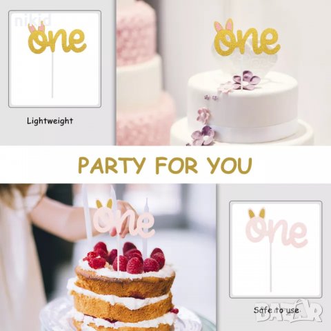 One 1 година годинка с ушички брокатен картонен топер за първи рожден ден украса за торта мъфини, снимка 8 - Други - 37241322