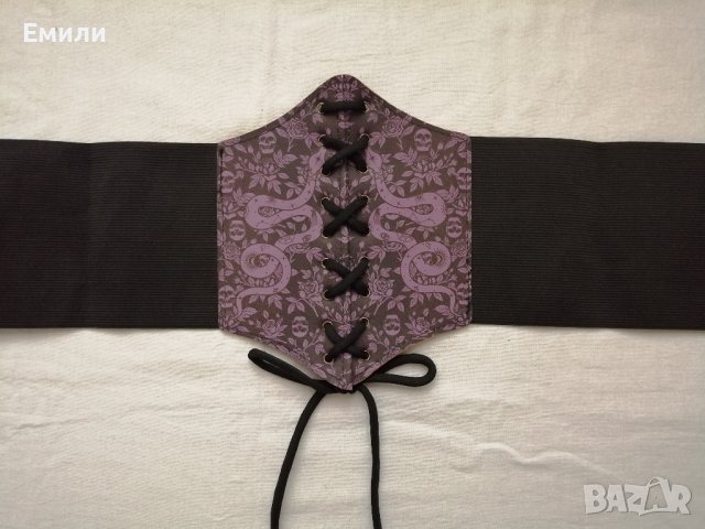 Черен корсет колан за талия с връзки в лилав/розов принт черепи, рози и змии , снимка 13 - Корсети, бюстиета, топове - 43330587