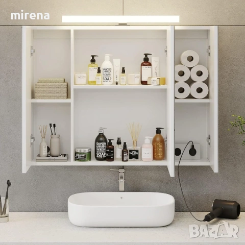 Шкаф огледало за баня с ЛЕД LED осветление, контакт ключ за осветление, снимка 3 - Шкафове - 53357786