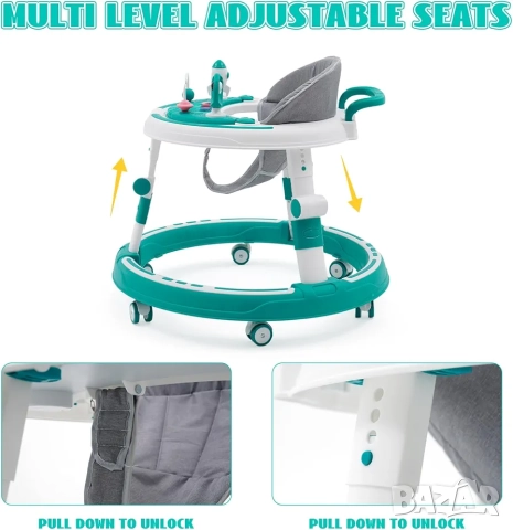 Регулируема бебешка проходилка 3в1, сгъваема, ергономична, синя, снимка 5 - Проходилки - 52571816