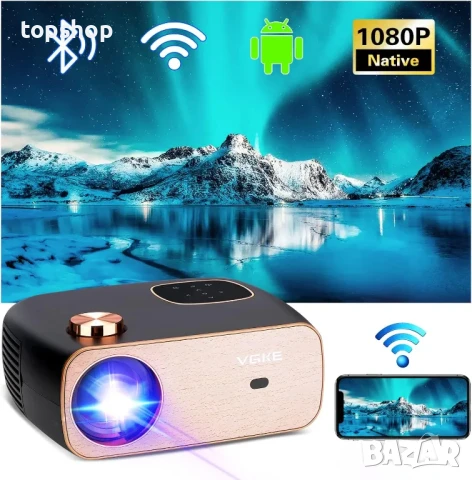 НОВ проектор VGKE T82, Android, 18000 лумена, Full HD 1080P, WiFi Bluetooth проектор със сензорен...