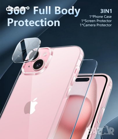 FNTCASE Калъф за телефон iPhone 15-Plus 6,7 инча, прозрачен, удароустойчив, с протектори, снимка 3 - Калъфи, кейсове - 43662759