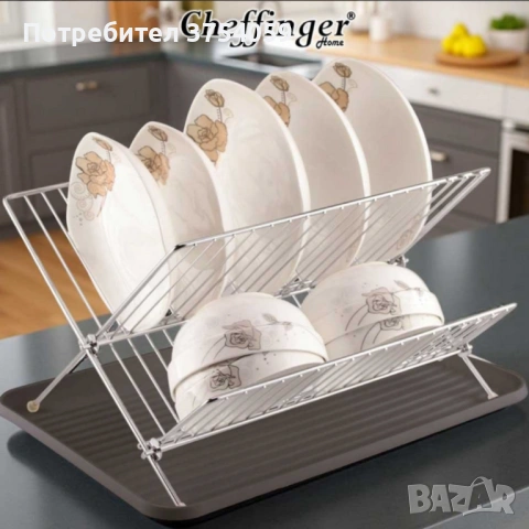 Двуетажен сушилник за съдове Cheffinger от неръждаема стомана с тава за отцеждане – здравина и ред , снимка 6 - Други стоки за дома - 53174168