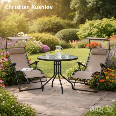 Комплект за релаксация на открито: 2 сгъваеми шезлонга с нулева гравитация CHAIR3 и стилна масичка з, снимка 4 - Други - 53275106