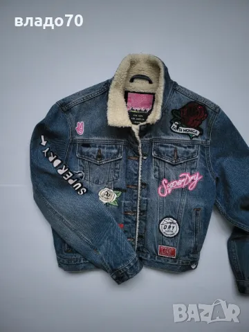Super Dry дамско дънково яке с каракул размер С Ново, снимка 2 - Якета - 48212633