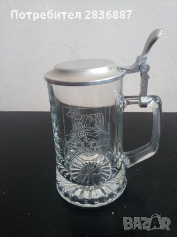 Гравирана стъклена халба за бира с калаен капак, снимка 6 - Антикварни и старинни предмети - 35437990