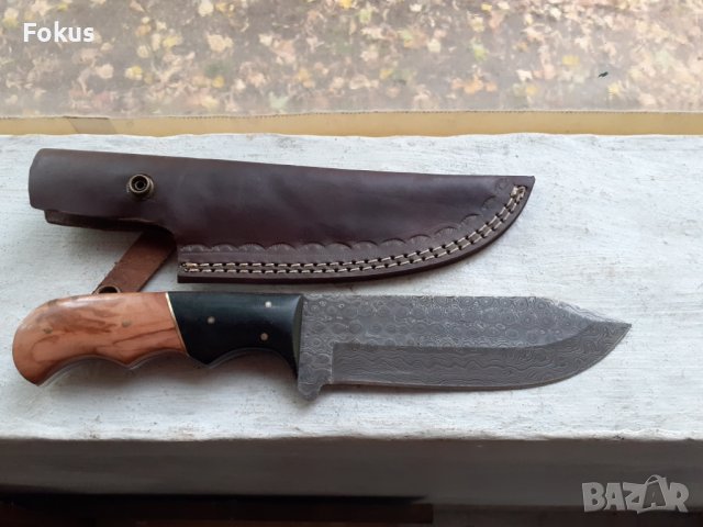 Страхотен ловен нож дамаска стомана нов с кожена кания, снимка 2 - Антикварни и старинни предмети - 38286224