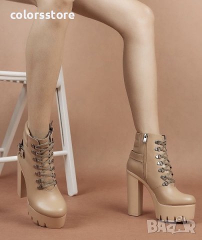 Боти на ток - бежова кожа с бежово ходило - BT14, снимка 2 - Дамски боти - 30878822