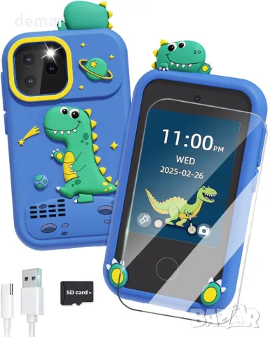 Детска играчка смарт телефон, 2,8" сензорен екран, двойна камера, игри, музика, 8GВ SD карта, синьо, снимка 1