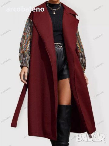 Дамско палто с дълга яка, пачуърк ръкави и връзка на талията отпред, 2цвята - 023, снимка 5 - Палта, манта - 38987028