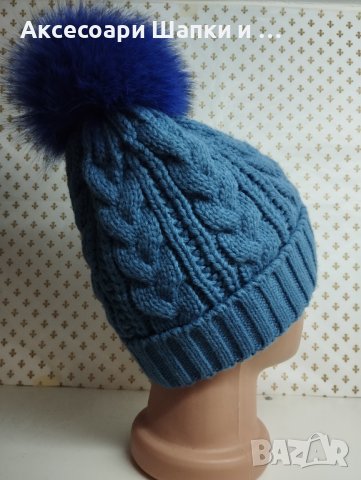 Дамска плетена шапка с естествен косъм лукс- мпш41, снимка 2 - Шапки - 43302182