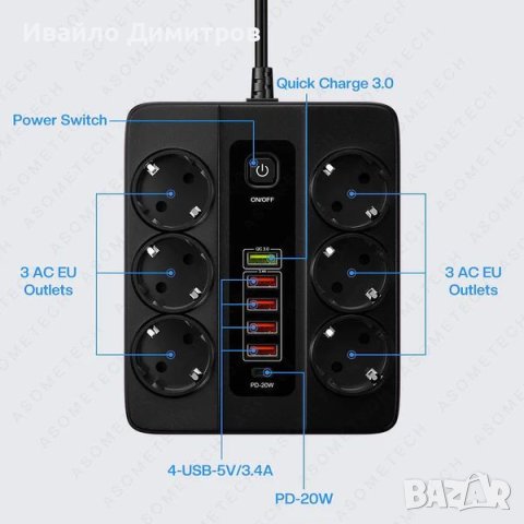 Универсален разклонител с 6 гнезда,3.4А, 5 USB порта и 1 Type-C портала, 3000W, Power Socket QC3.0., снимка 4 - Друга електроника - 43623966