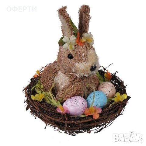 Великденска декоративна кошница - гнездо със зелени зайчета 19 см
