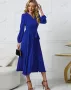 Дамска рокля с дълъг ръкав с тънък плисиран колан с V-образно деколте и пола с A-силует, 4цвята , снимка 6