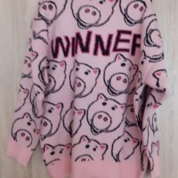 Oversized Harajuku Пуловер розов прасета pig winner, снимка 3 - Блузи с дълъг ръкав и пуловери - 36950503