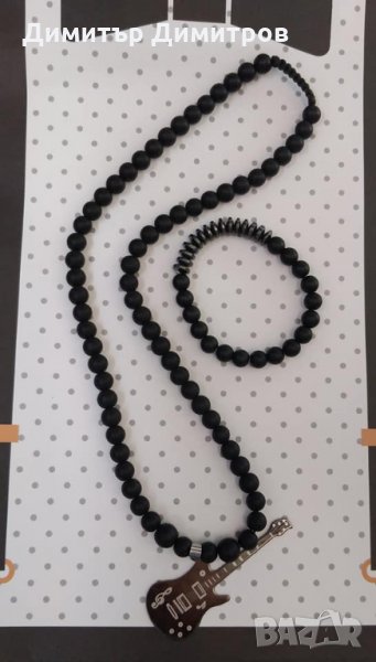 Мъжки комплект от гривна и колие с китара от стомана и оникс. Идея за подарък. Бижута Луди гъби., снимка 1
