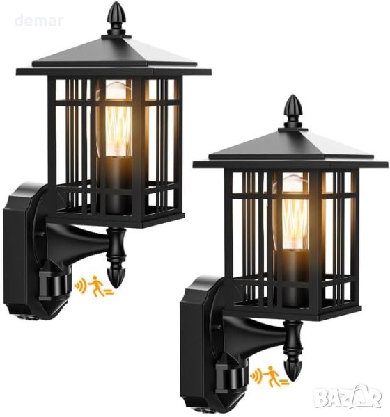 Lamomo Външна стенна лампа със сензор за движение с крушка, 2 броя, снимка 1