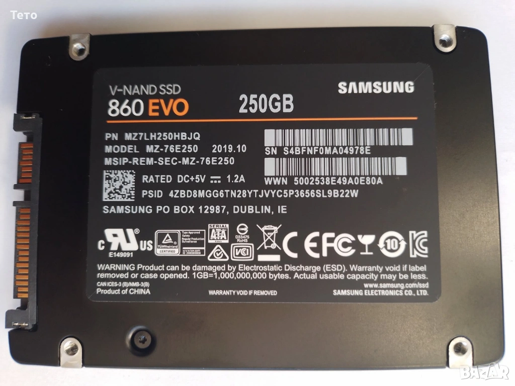 Диск Samsung 860 EVO , 250 GB, SSD SATA III, 2.5" 100% , снимка 1