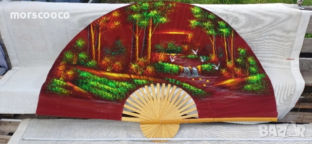 Голямо старо ръчно рисувано ветрило за стена масло на платно 