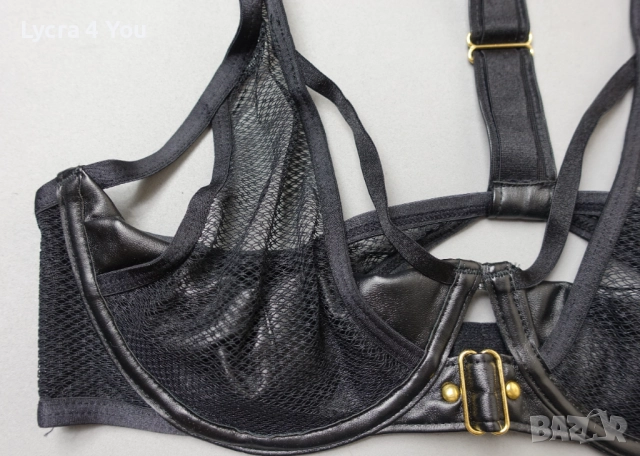 75В черен сутиен от еко кожа и прозрачна мрежа, снимка 3 - Бельо - 51862105
