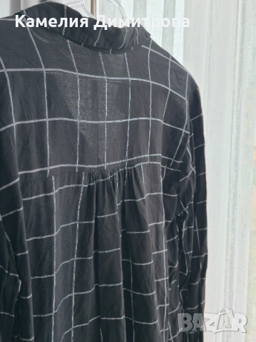 Черна риза с бяло каре и копчета, снимка 4 - Ризи - 53286496