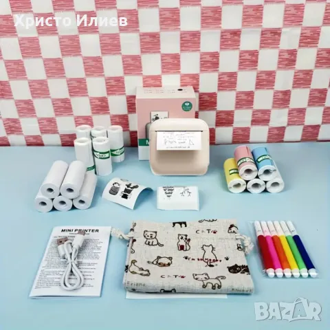 Термо принтер мини принтер за смартфон с 15 ролки хартия торбичка фулмастри - Бял Зелен Лилав, снимка 3 - Други - 50004428