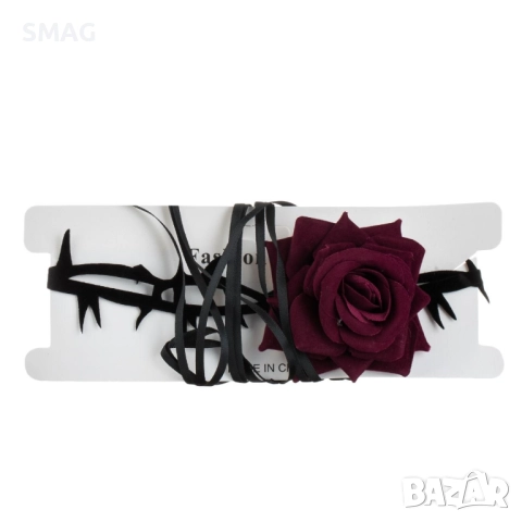 Карнавален аксесоар – чокър с бордо роза и черни кадифени бодли_1244631, снимка 4 - Други - 52128059