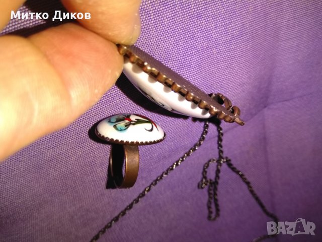 Колие  за врата в комплект с пръстен -мед и керамика ръчно рисувана, снимка 9 - Колиета, медальони, синджири - 26948153