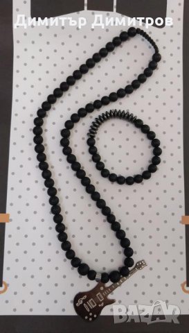 Мъжки комплект от гривна и колие с китара от стомана и оникс. Идея за подарък. Бижута Луди гъби.