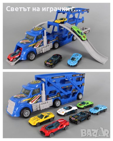 Автовоз с катапулт и 6 метални коли, снимка 1 - Коли, камиони, мотори, писти - 43824203