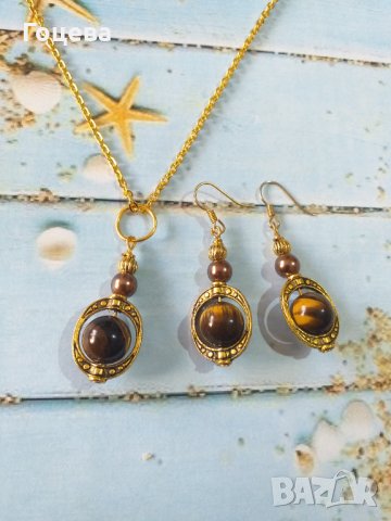 Разкошен комплект бижута с камъни Тигрово око и прекрасни орнаменти в цвят , снимка 1