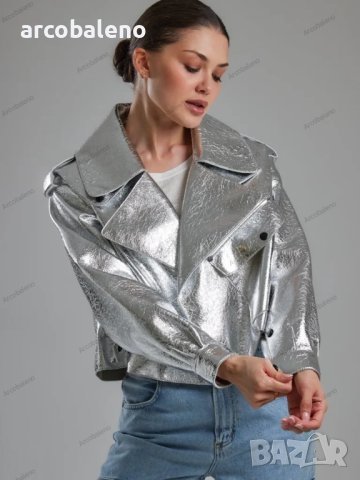 Дамско улично модерно сребристо кожено яке с дълъг ръкав и ревер - 023, снимка 2 - Якета - 43064152
