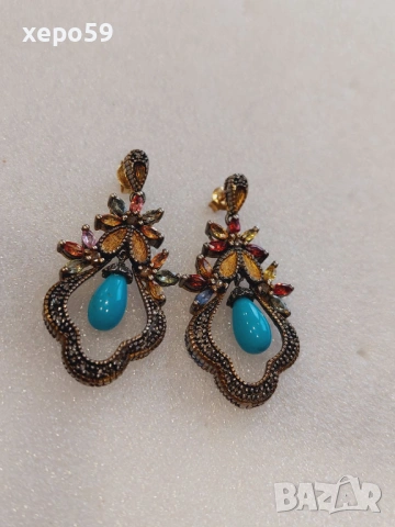 Дамски обеци с диаманти, рубини, сапфири, цитрини,тюркуази-сребро и злато, снимка 3 - Обеци - 53357467