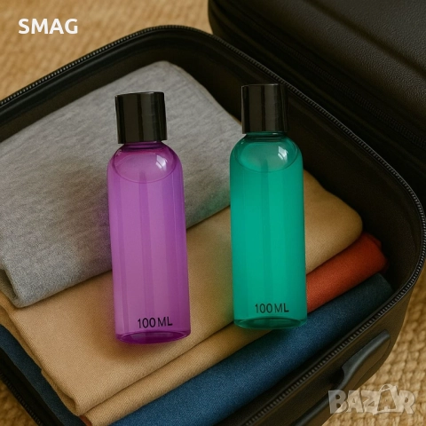 Комплект бутилки за пътуване зелена и лилава с черна капачка – 100 мл × 2 бр._1236252, снимка 2 - Други - 52328713