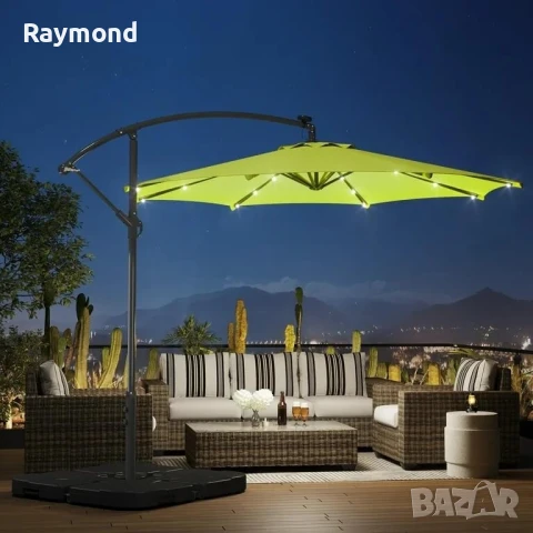 Висящ градински чадър 3м със соларни LED светлини – Зелен, снимка 7 - Градински мебели, декорация  - 51053130